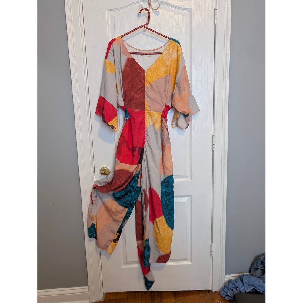 Urban Fancies Abstract Geometric Print Wide Leg Jumpsuit V-Neck Kimono Sleeve